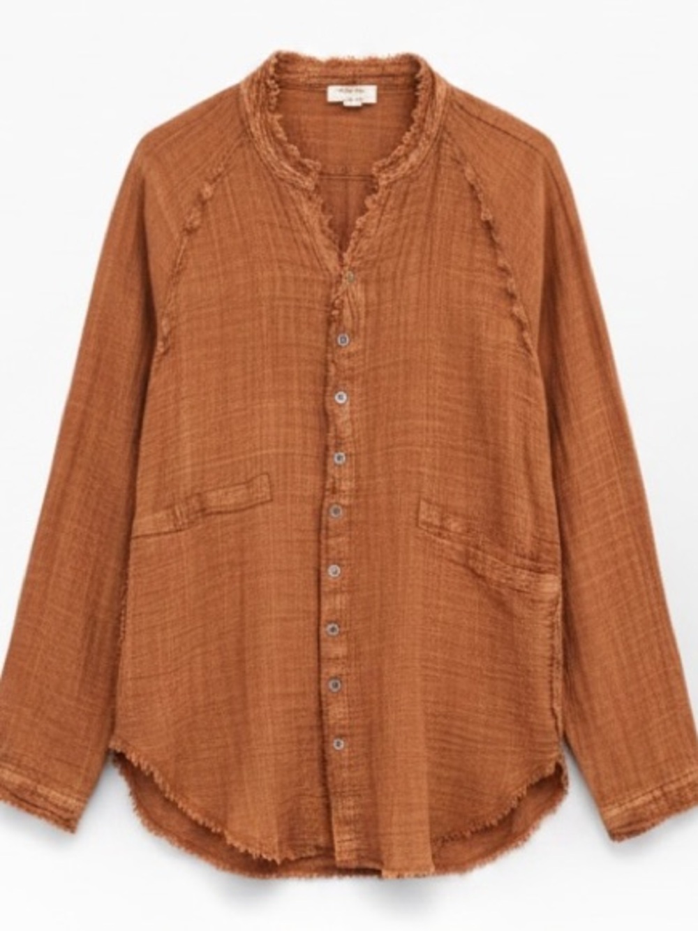 Heyson Long Sleeve Cotton Gauze Frayed  Button Front Tunic Top Pockets Medium